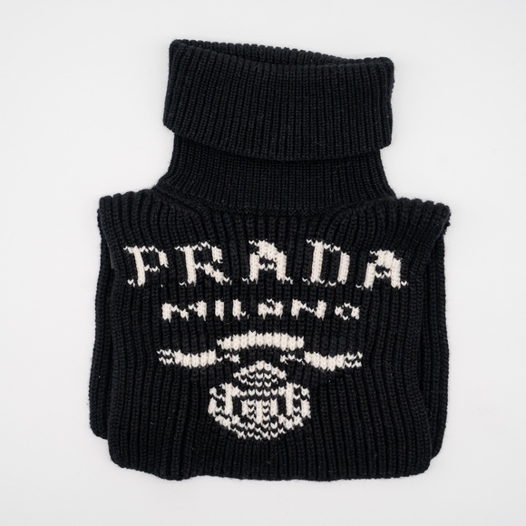 Prada intarsia-knit Logo Cashmere Neck Warmer With Hood / Scarf Balaclava Black - Picture 1 of 7